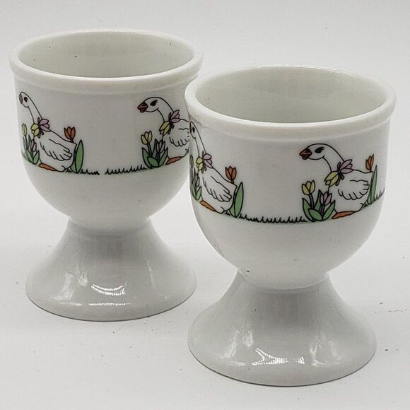 White Vintage Set of 2 Porcelain Geese & Tulips Footed Egg Cup Holders - Picture 7 of 7